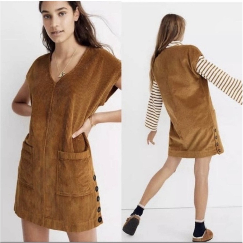 Madewell Shift Dress Women's 2XS Egyptian Gold Corduroy Side-Button Cap Sleeve